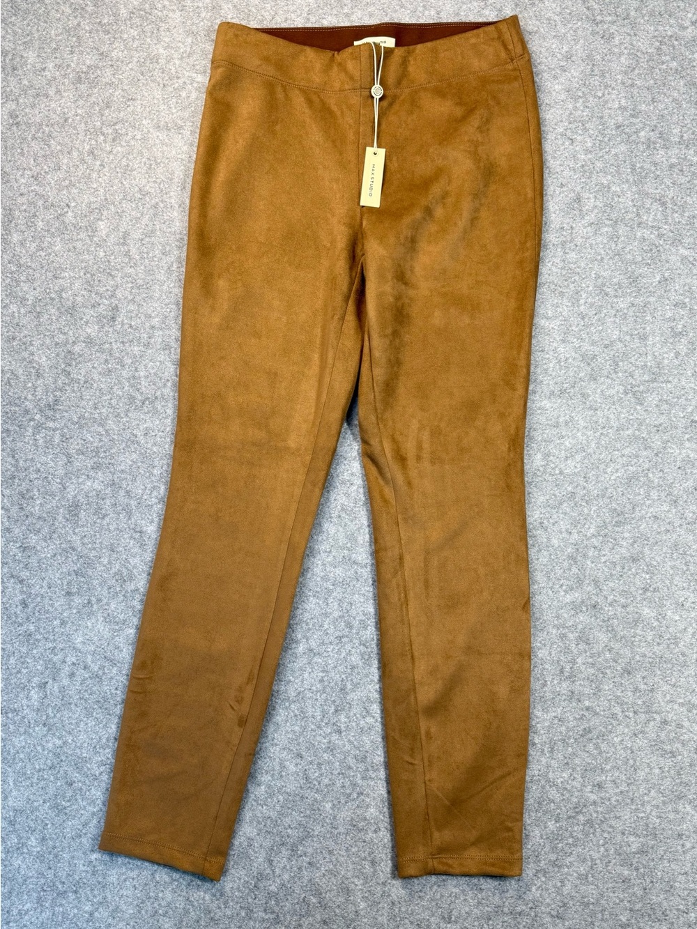 Max Studio Faux Vegan Suede Trouser Pants Peanut Butter Caramel Brown Tan NWT M
